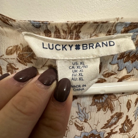 Lucky Brand bohemian sheer dress with a cream and blue floral design. - Picture 5 of 7